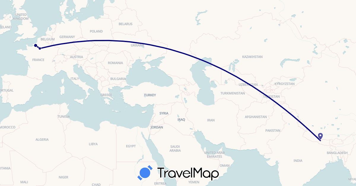 TravelMap itinerary: driving in France, Nepal (Asia, Europe)